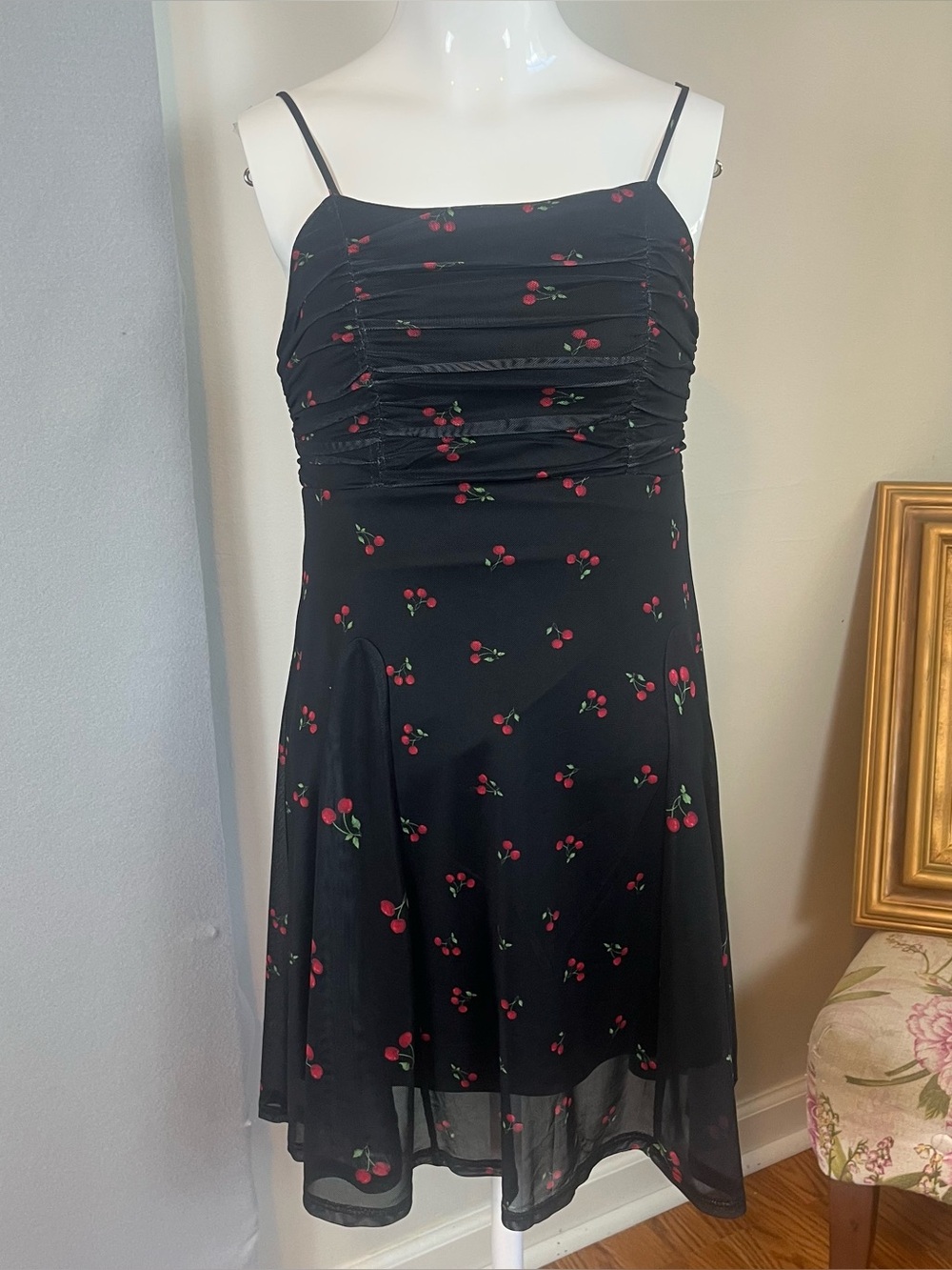 Cherry Mesh Mini Cocktail Dress Small Y2K Coquette Ruched Grunge Skater